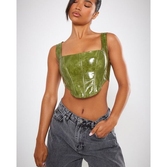 Olive Washed Faux Leather Square Neck Dip Hem Corset (Pretty Little Thing) - Picture 2 of 9